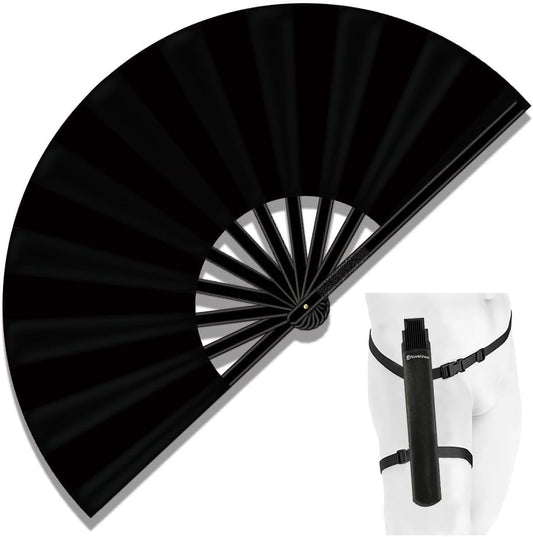 13" Large Folding Rave Fan with Holster, Clack Hand Fans Foldable for Line Dancing, Boots On The Ground Fan for Women Men Festival EDM Party Decoration, Black