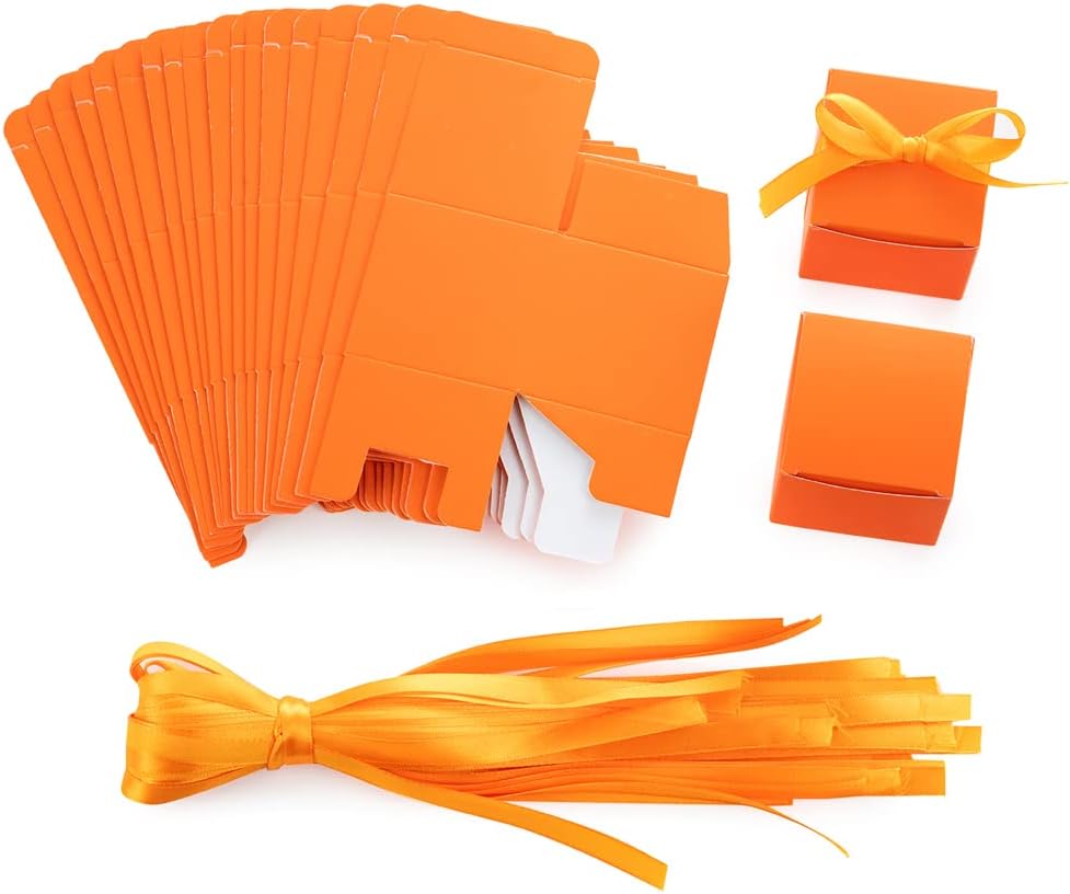 AWELL Orange Gift Candy Box Bulk 2x2x2 inches with Orange Ribbon Party Favor Box for Graduation Halloween Party,Pack of 50