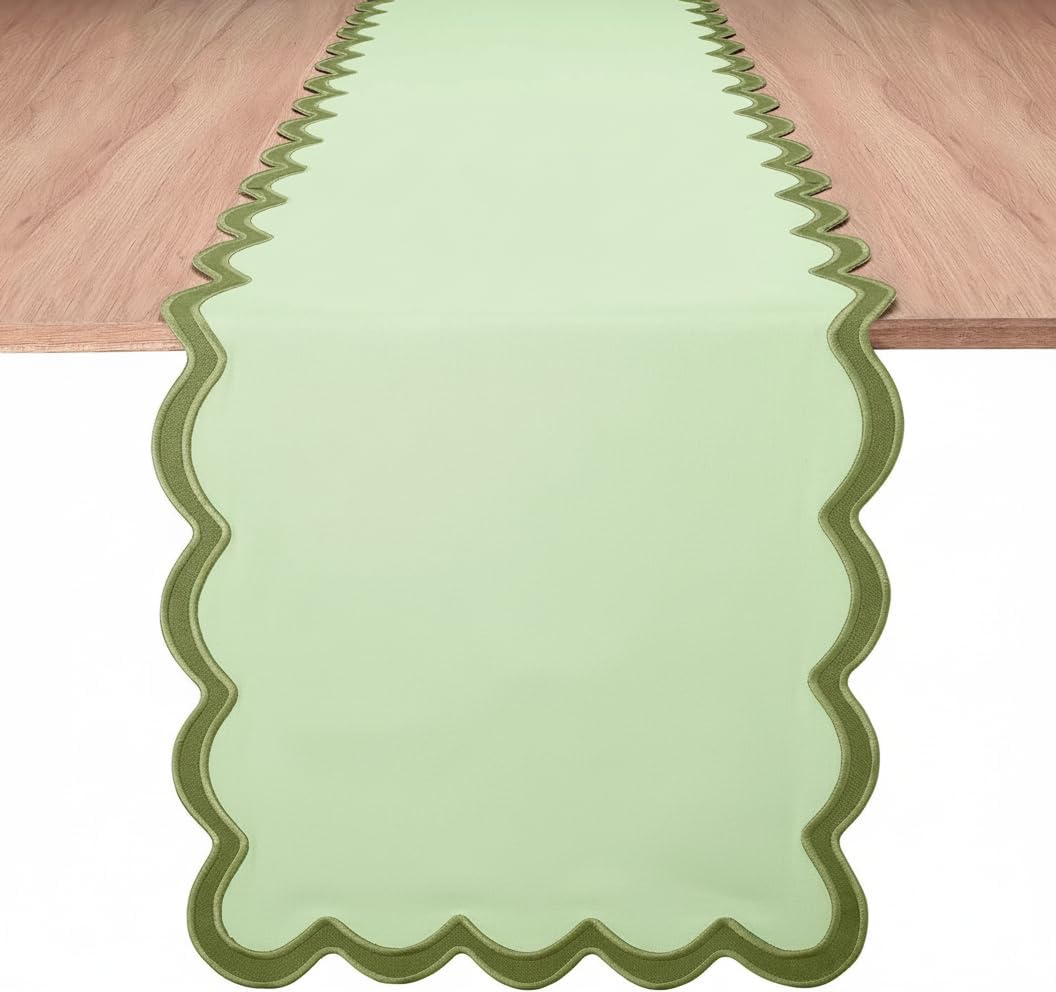 Folkulture Table Runner | Table Runners 108 inches Long | Scallop Table Runner for Farmhouse Decor or Boho Decor | Sage Green Table Runners for Dining Room Table Decor | Pastel Party Decorations