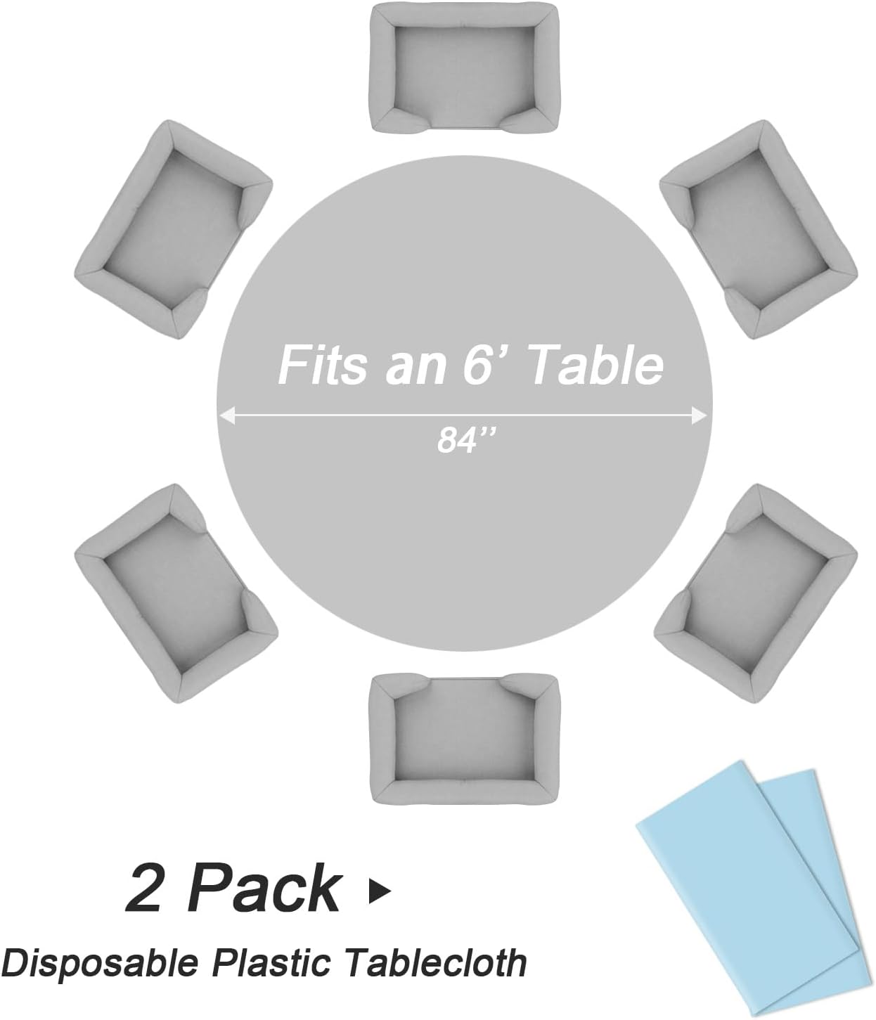 QIKSION Light Blue Round Tablecloth 2 Pack, 84 Inch Plastic Table Cover Disposable for Parties