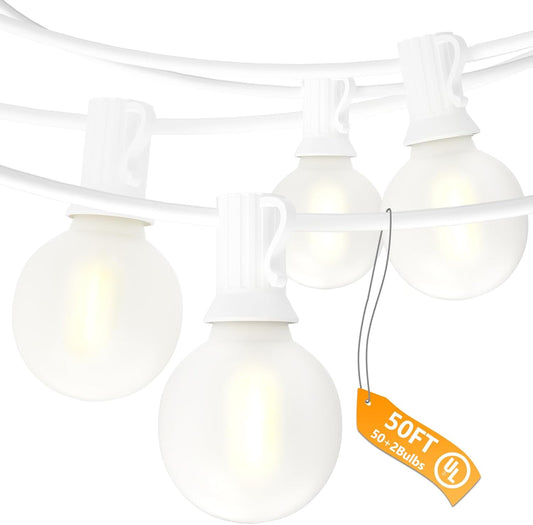 SUNSGNE White String Lights Outdoor, 50FT White Outdoor Lights with 52 G40 LED Frosted Shatterproof Bulbs(2 Spare) for Balcony Patio Tent Backyard Bistro Cafe Christmas Decor