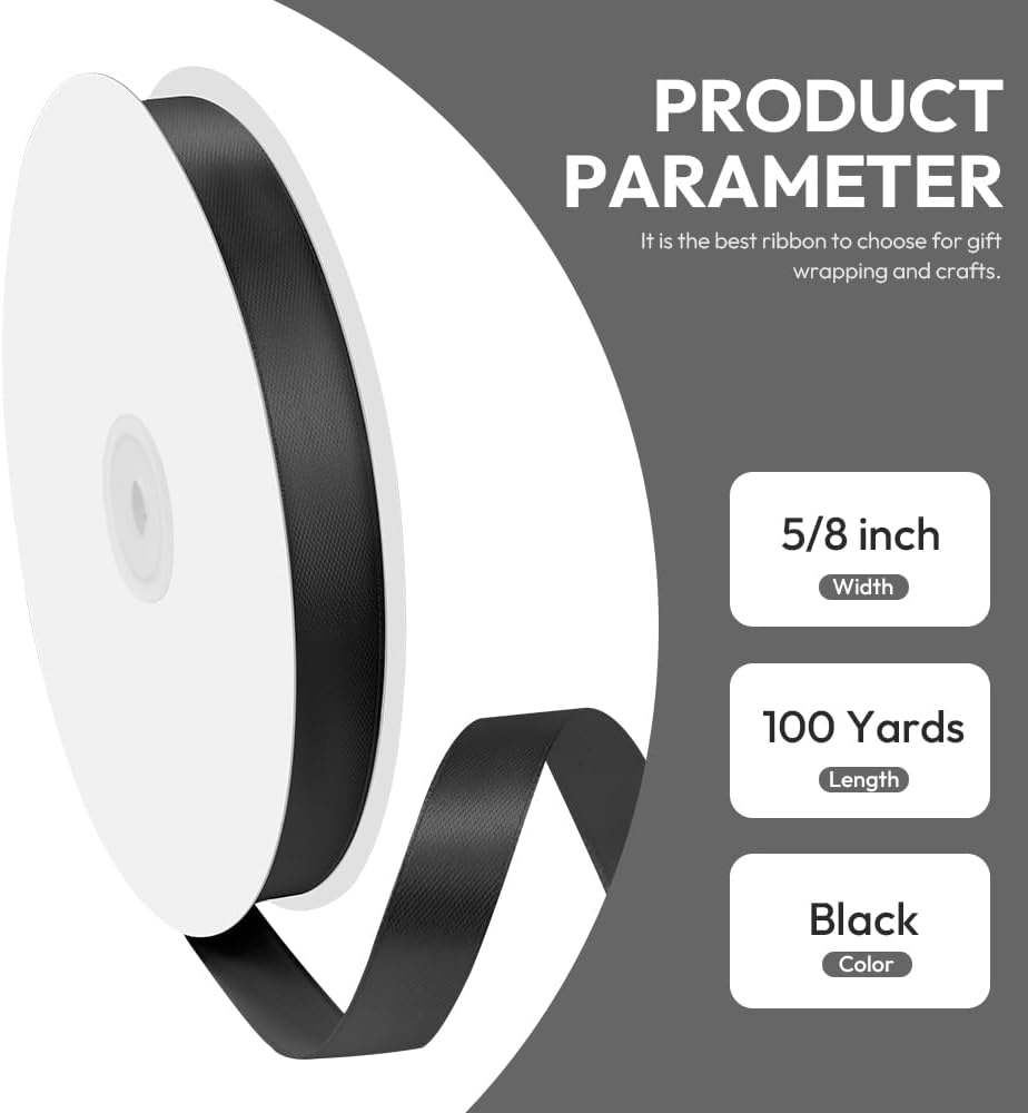 5/8" x 100 Yards Satin Ribbon - Black Silk Ribbon with Spool - Ideal for Gift Wrapping, Floral Bouquets, Crafts, Wedding Party Decorations, Christmas and Sewing Projects