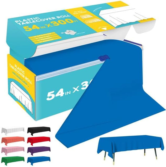 Blue Plastic Table Cover Roll - 54IN x 300FT, Table Cloth for Rectangle Table with Slide Cutter, Plastic Table Cloth Disposable with Cut-to-Size Design for Weddings, Banquets, Parties