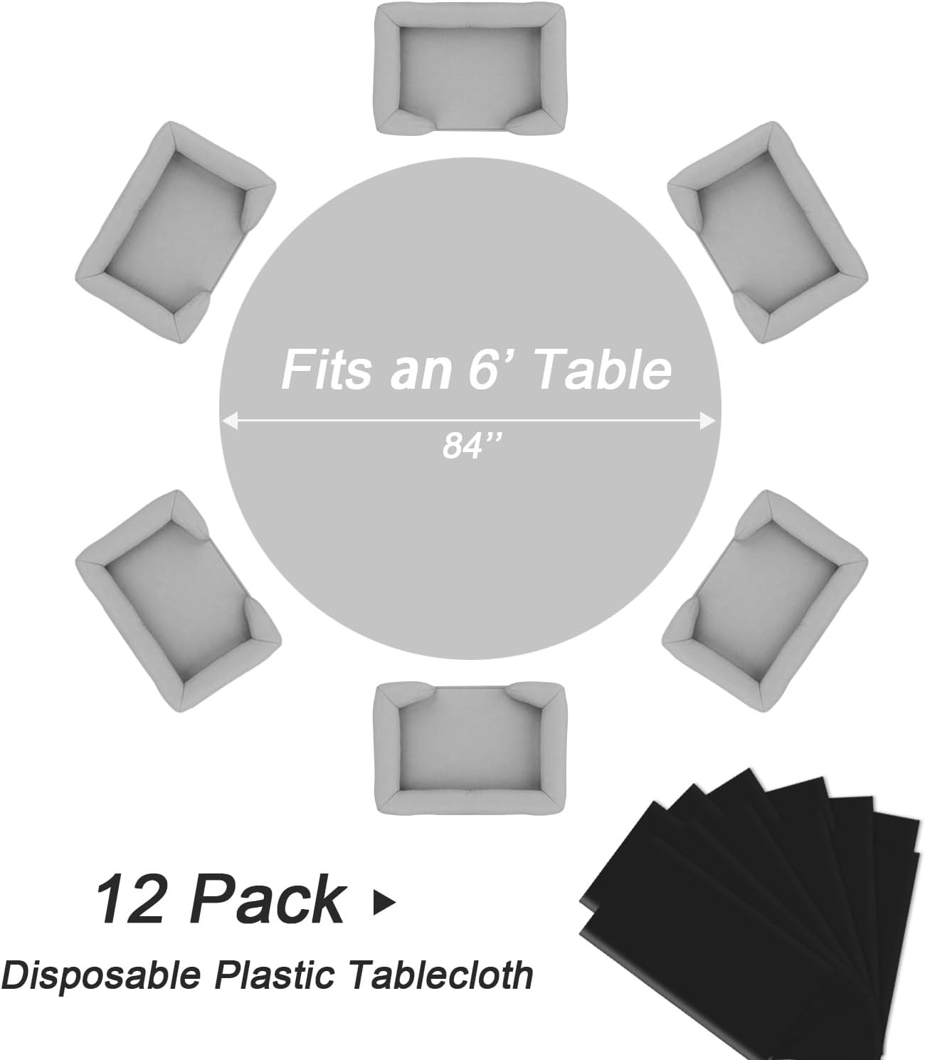 QIKSION Black Round Tablecloth 12 Pack, 84 Inch Plastic Table Cover Disposable for Parties