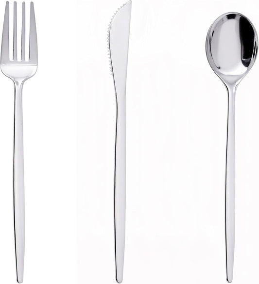 PULOTE 150PCS Silver Plastic Silverware Disposable - Heavy Duty Silver Plastic Cutlery Set - Plastic Utensils Set Include 50 Knives,50 Forks and 50 Spoons for Wedding,Party&Christmas