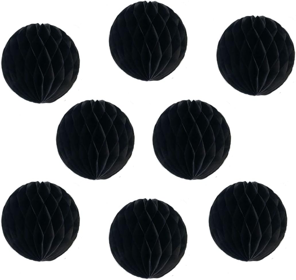 8pcs 10 inch Paper Honeycomb Balls Decorative Tissue Pom Poms Flower Art Hanging Balls for Birthday Wedding Nursery Baby Shower Home Decor (10inch, Black)