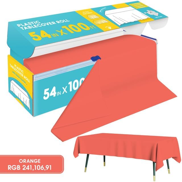Orange Plastic Table Cover Roll - 54IN x 100FT, Table Cloth for Rectangle Table with Slide Cutter, Plastic Table Cloth Disposable with Cut-to-Size Design for Weddings, Banquets, Parties