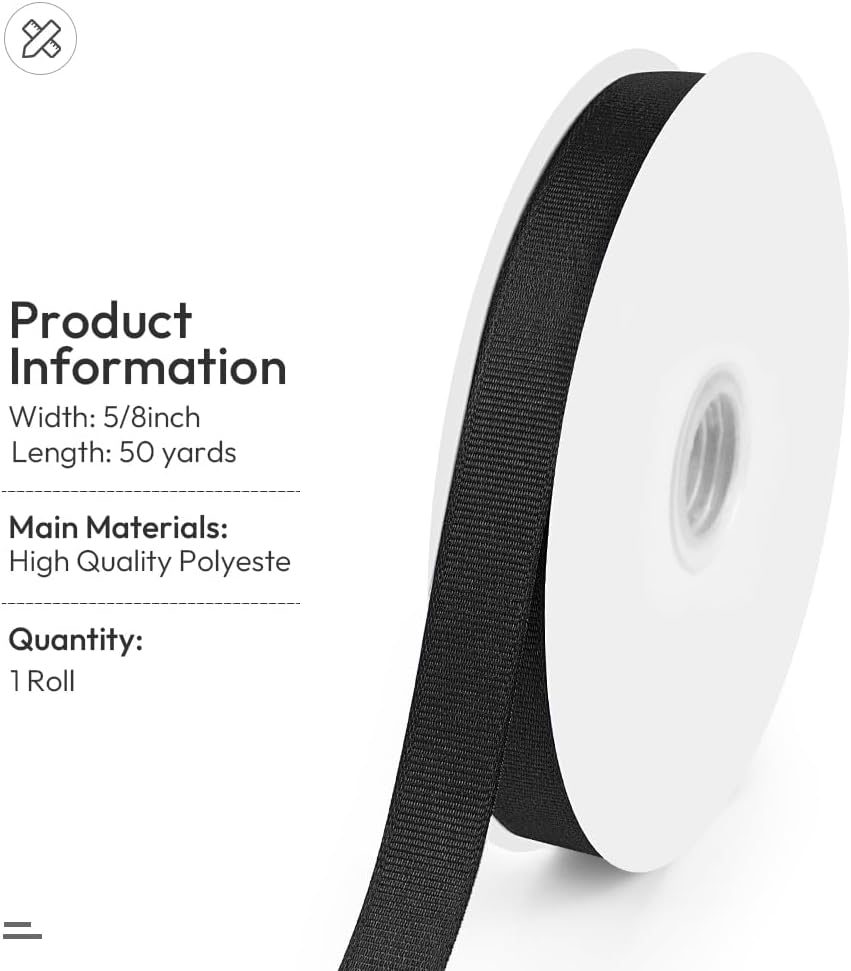 5/8" X 50 Yards Black Grosgrain Ribbon, Premium Grosgrain Ribbon for Sewing, Gift Wrapping, Bow Making, Wedding Decor, Wrapping and More (Black)
