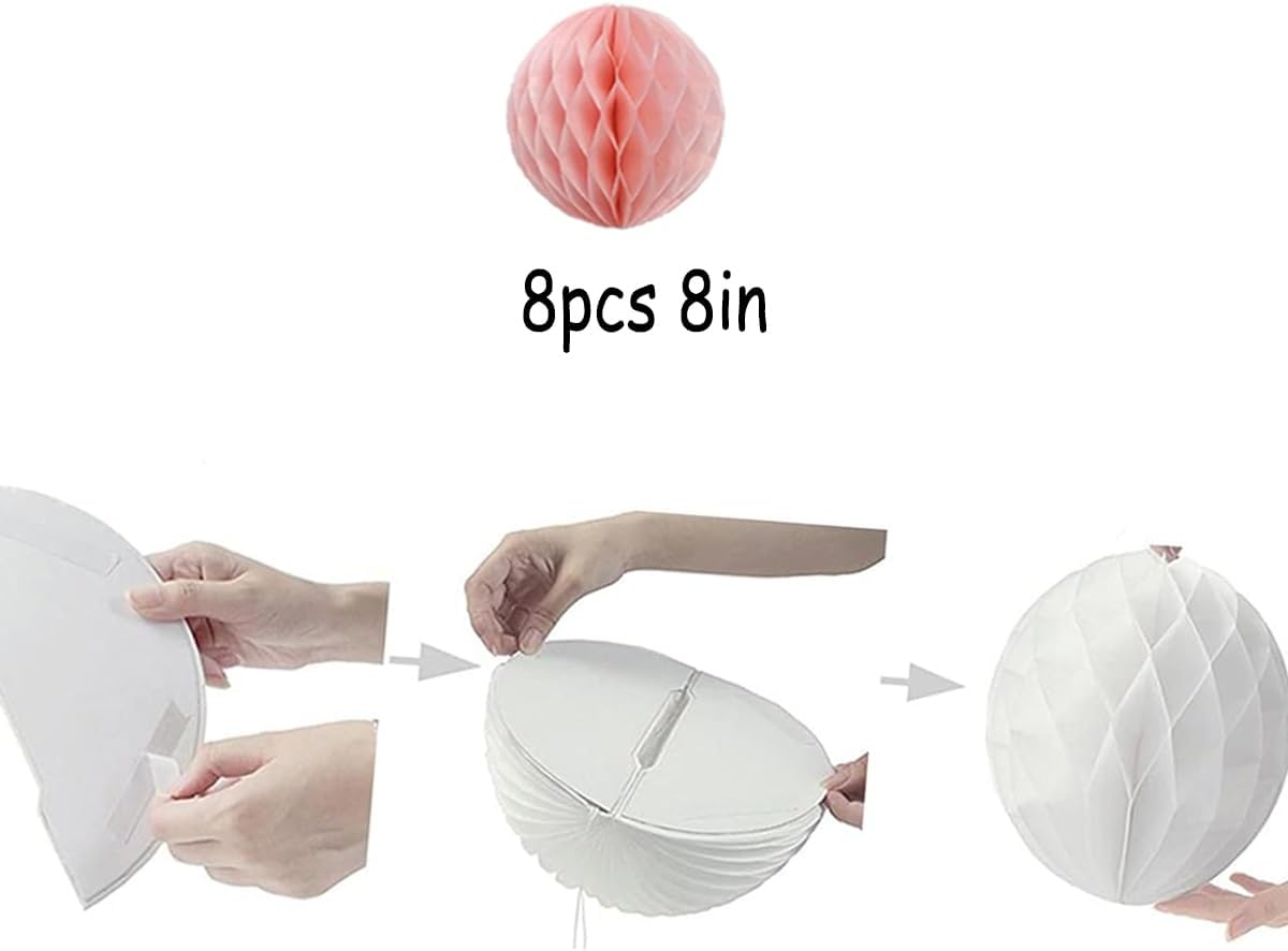 8pcs 8inch Paper Honeycomb Balls Decorative Tissue Honeycomb Balls Paper Pom Poms Flower Balls Art Hanging Balls for Birthday Wedding Nursery Baby Shower Home Decor (8inch, Lt-Pink)