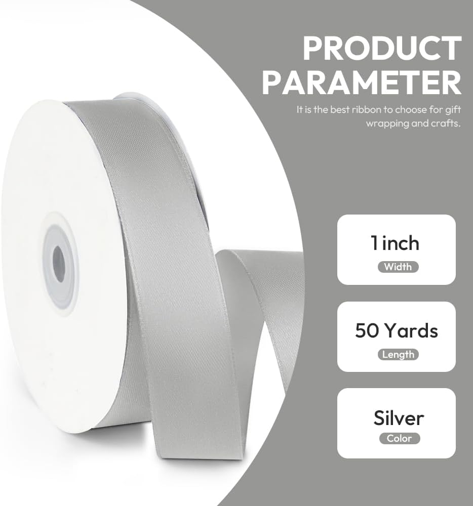 1" x 50 Yards Satin Ribbon - Silver Silk Ribbon with Spool - Ideal for Gift Wrapping, Floral Bouquets, Crafts, Wedding Party Decorations, Christmas and Sewing Projects
