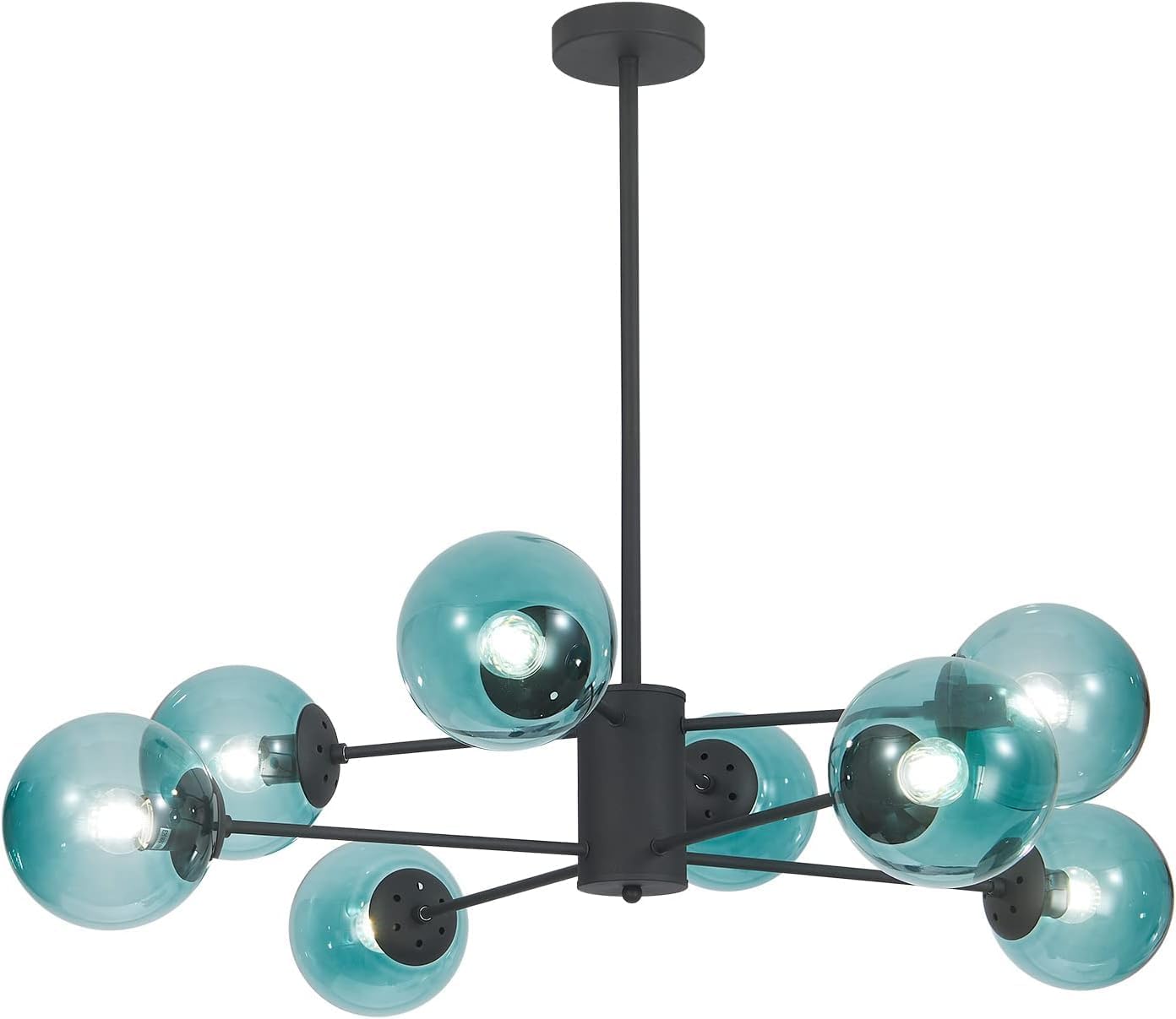KCO Lighting Modern 8-Lights Blue Glass Sputnik Chandelier Mid-Century Matte Black Globe Flush Mount Chandelier Industrial Large Glass Ball Sputnik Chandelier Pendant Lamp (Black+Blue)