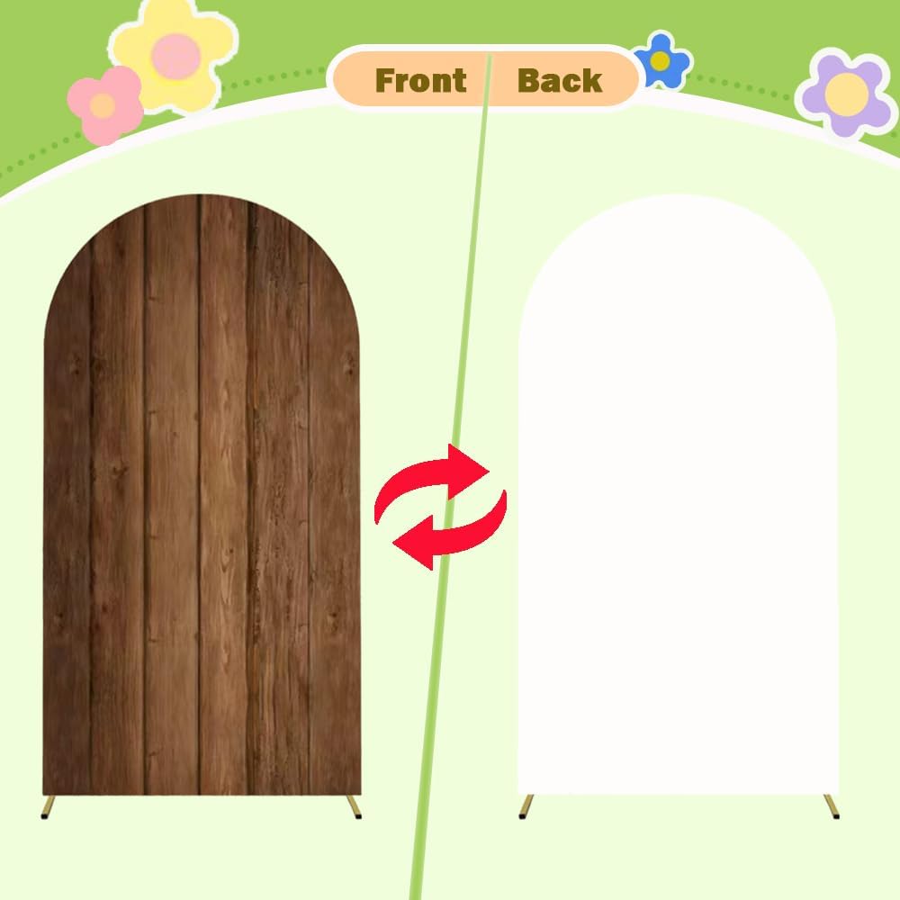 Wood Arch Cover 5ft Arch-Backdrop-Cover Cowboy Brown Arch Covers Stretchy Backdrop Double Sided White and Wood Print Back Drop Cover for Baby Shower Wedding Rustic Farmhouse Jungle Party Decor