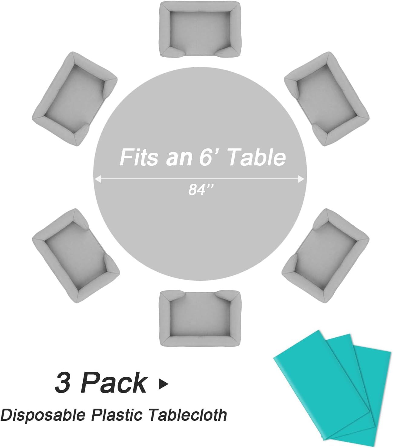 QIKSION Aqua Blue Round Tablecloth 3 Pack, 84 Inch Plastic Table Cover Disposable for Parties