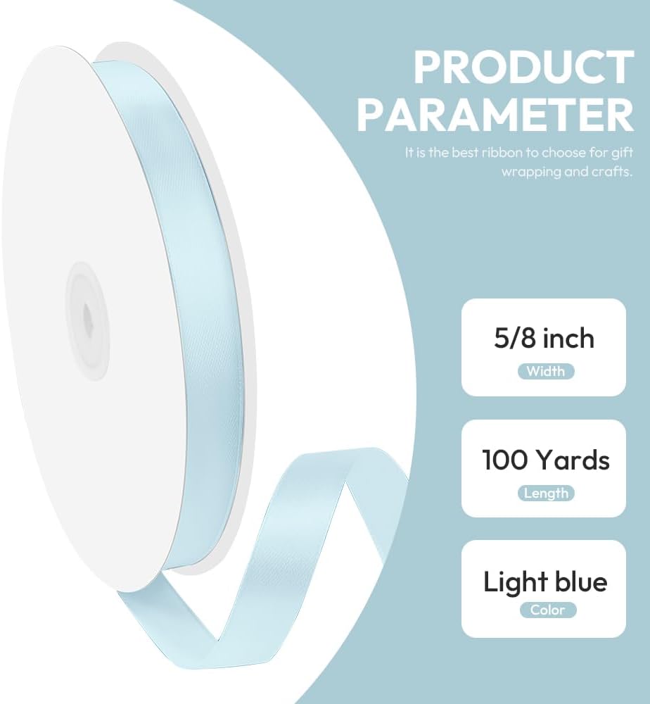 5/8" x 100 Yards Satin Ribbon - Light Blue Silk Ribbon with Spool - Ideal for Gift Wrapping, Floral Bouquets, Crafts, Wedding Party Decorations, Christmas and Sewing Projects