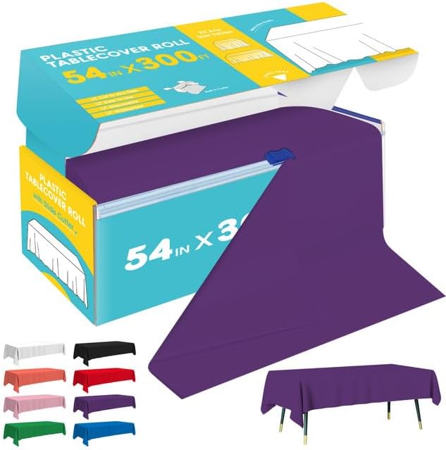 Purple Plastic Table Cover Roll - 54IN x 300FT, Table Cloth for Rectangle Table with Slide Cutter, Plastic Table Cloth Disposable with Cut-to-Size Design for Weddings, Banquets, Parties