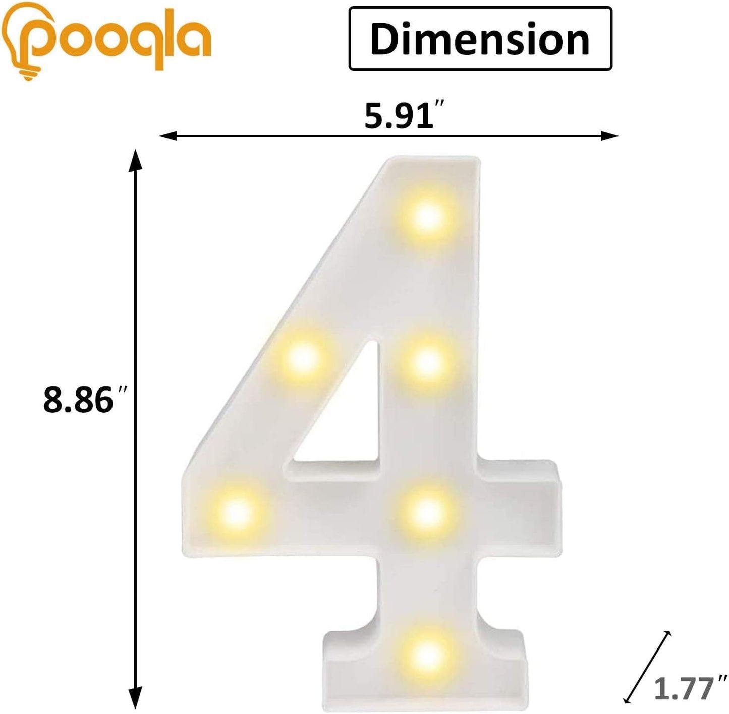 Pooqla LED Light Up Numbers, Warm White and Cool White Decorative Lighted Marquee Numbers, Light Up Numbers for Boys Girls Party, Wedding, Bar, Night Light, Room Decor, Birthday Decoration, Number 4