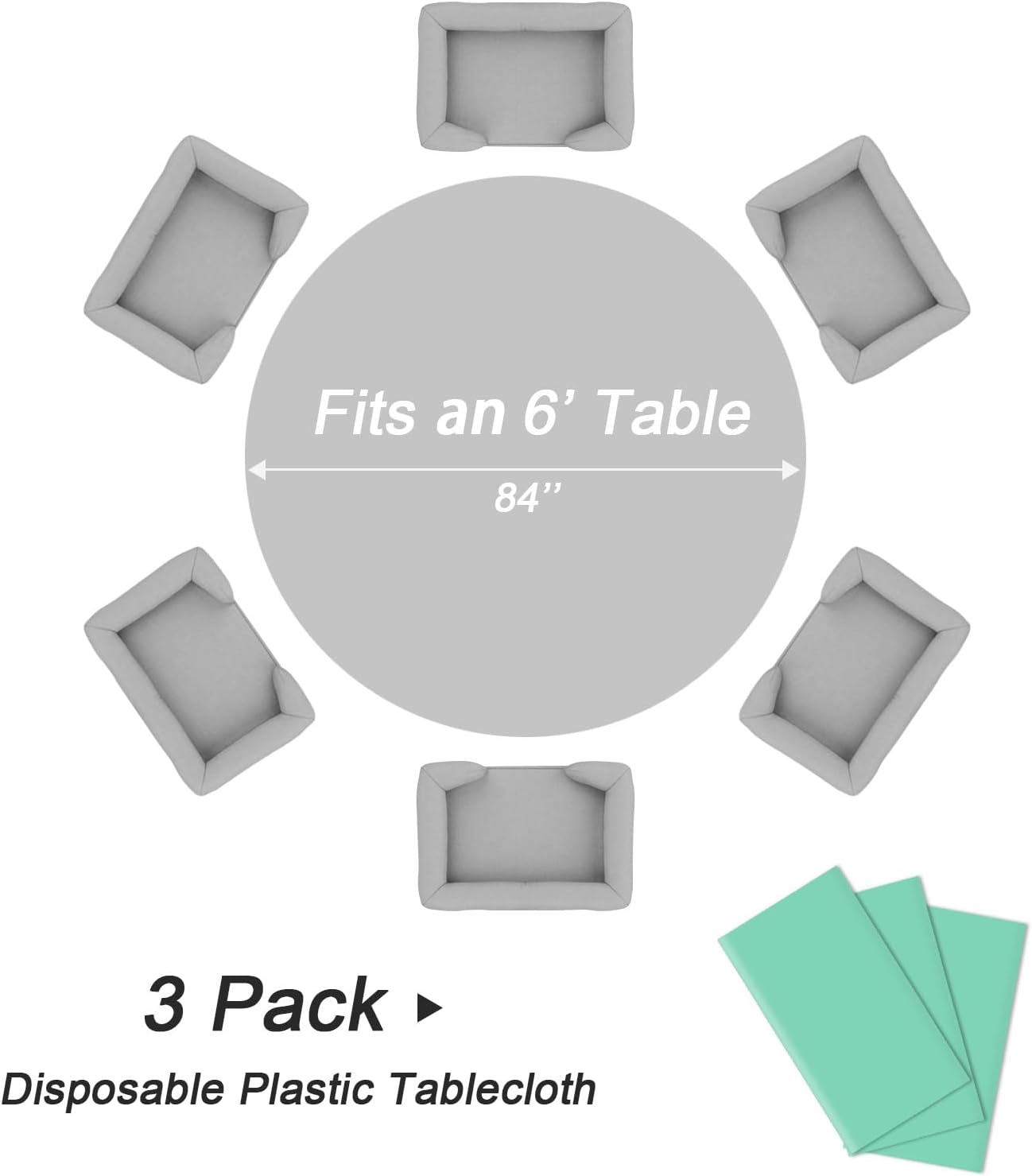 QIKSION Fresh Mint Round Tablecloth 3 Pack, 84 Inch Plastic Table Cover Disposable for Parties