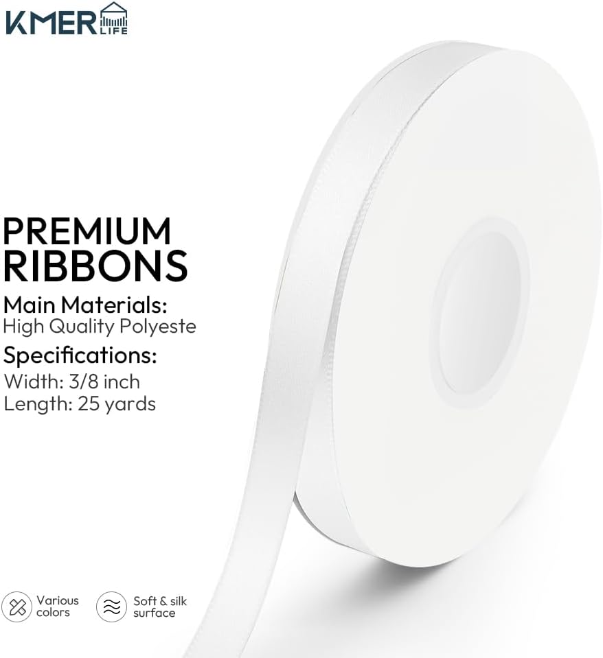 KMER LIFE 3/8 inch x 25 Yards Double Faced Polyester White Satin Ribbon, Perfect for Gift Wrapping Very Suitable for Weddings Party Hair Bow Invitation Decorations and More
