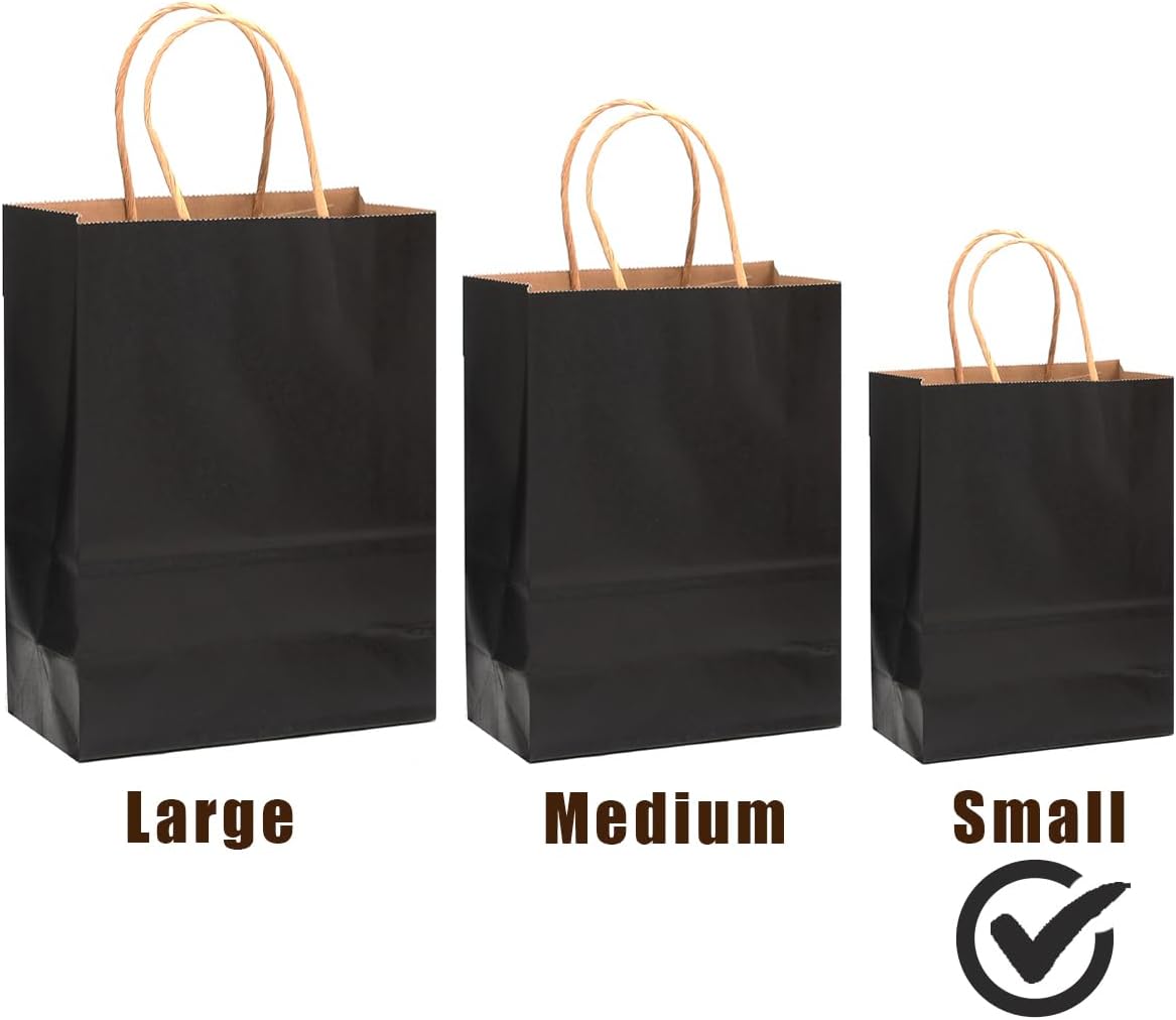 qiqee 50-Packs Black Paper Gift Bags with Handles Bulk 8.3"x3"x 6" Small Size Paper Bags Multiple Uses(Small Size)