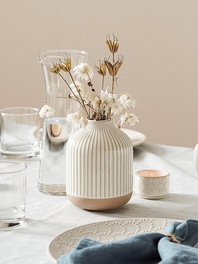 Boho Farmhouse Small Ceramic Vase for Pampas Grass & Flowers - 5.3 Inch Rustic White Vase, Centerpiece for Eucalyptus, Tiny Stems & Bouquets with Embossed Lines