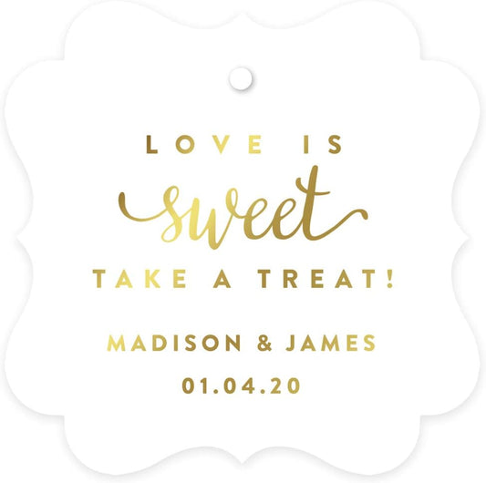 Andaz Press Personalized Fancy Frame Square Wedding Gift Tags, Metallic Gold Ink, Love is Sweet Take a Treat, 24-Pack, Custom Made Any Name, Gold Party Supplies