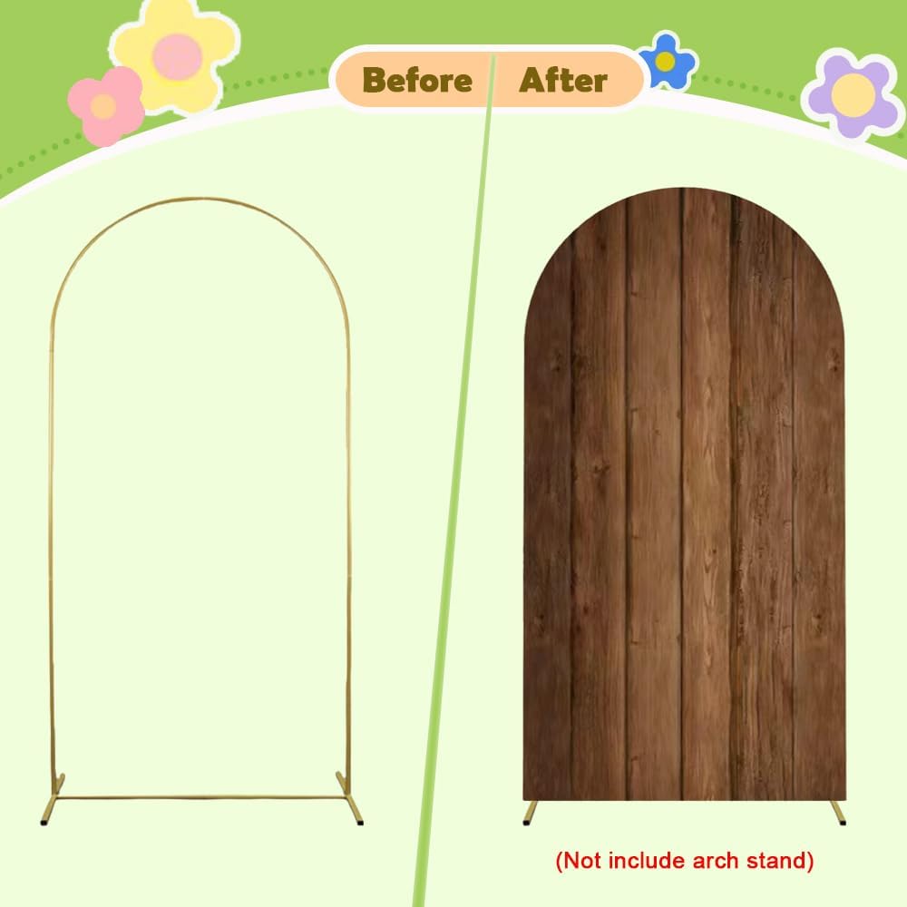 Wood Arch Cover 5ft Arch-Backdrop-Cover Cowboy Brown Arch Covers Stretchy Backdrop Double Sided White and Wood Print Back Drop Cover for Baby Shower Wedding Rustic Farmhouse Jungle Party Decor