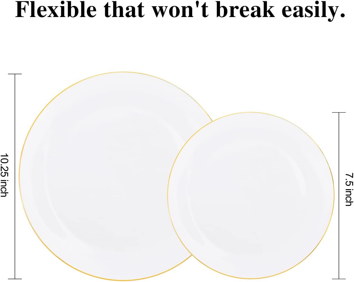 KIRE 100PCS Disposable Plates - White with Gold Rim for Thanksgiving Party/Wedding - Includes 50Pieces 10.25inch Dinner and 50Pieces 7.5inch Dessert/Salad Plates