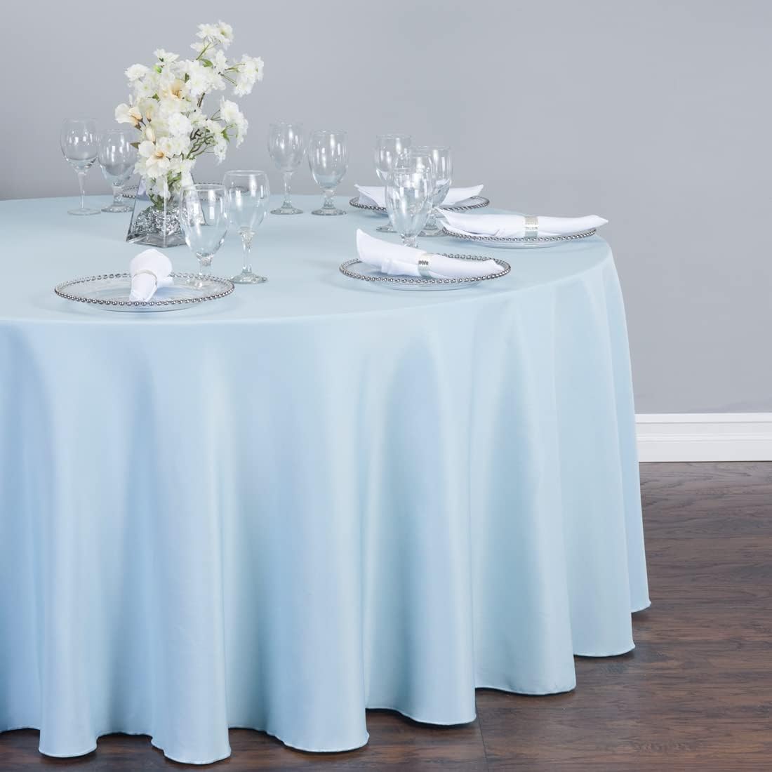 LTC LINENS Baby Blue Tablecloth 120 in Round for 60 Inch Circular Table - Washable, Wrinkle Resistant Polyester Fabric Cloth for Baby Shower, Wedding