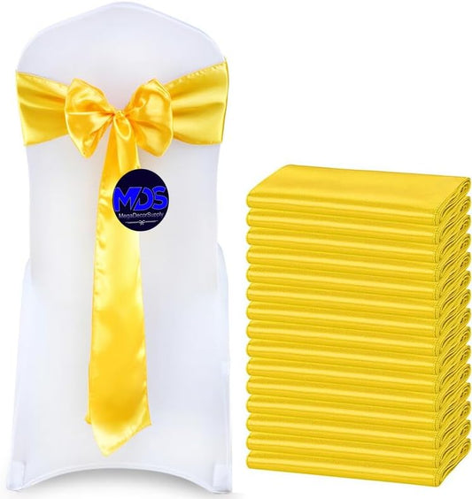 MDS Pack of 300 PCS Satin Chair Sashes Charmeuse Sateen Dining Chair Bows Ribbon Ties Back Sash for Wedding Party Birthday Home Hotel Restaurant Banquet Decoration (7 x 108 Inch, Yellow Gold)