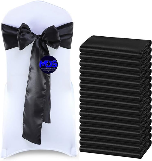 MDS Pack of 75 PCS Satin Chair Sashes Charmeuse Sateen Dining Chair Bows Ribbon Ties Back Sash for Wedding Party Birthday Home Hotel Restaurant Banquet Decoration (7 x 108 Inch, Black)