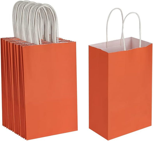 Oikss 50 Pack 5.25x3.25x8.25 Inch Small Orange Kraft Paper Bags with Handles Bulk for Birthday Wedding Party Favors Grocery Retail Shopping Business Goody Craft Gift Bags Cub Sacks, 50 Count