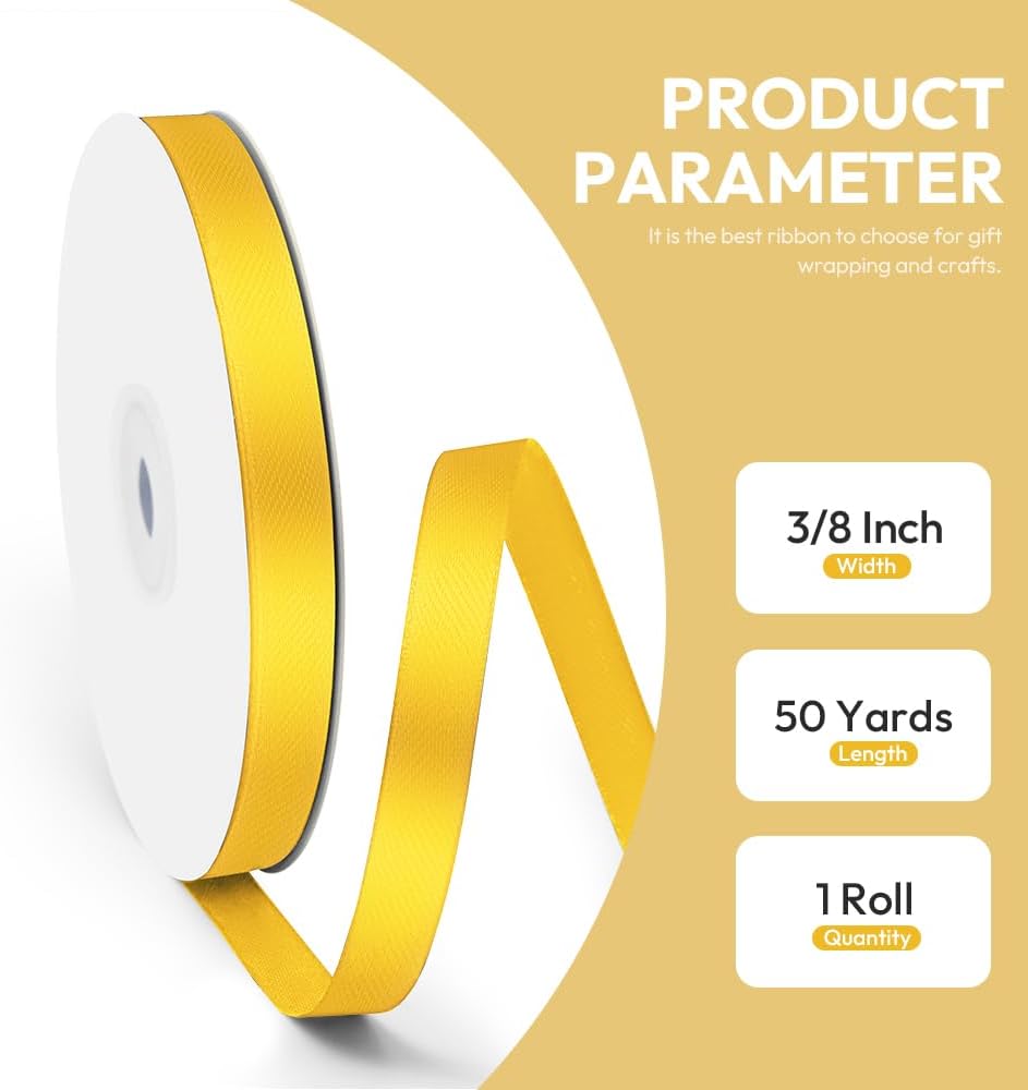 3/8" x 50 Yards Satin Ribbon - Yellow Silk Ribbon with Spool - Ideal for Gift Wrapping, Floral Bouquets, Crafts, Wedding Party Decorations, Christmas and Sewing Projects