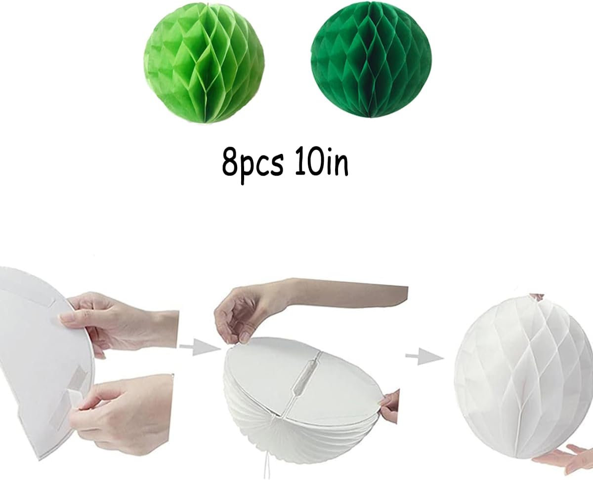 8pcs 10 inch Paper Honeycomb Balls Decorative Tissue Honeycomb Balls Paper Pom Poms Flower Balls Art Hanging Balls for Birthday Wedding Nursery Baby Shower Home Decor (10inch, Green+Dark-Green)