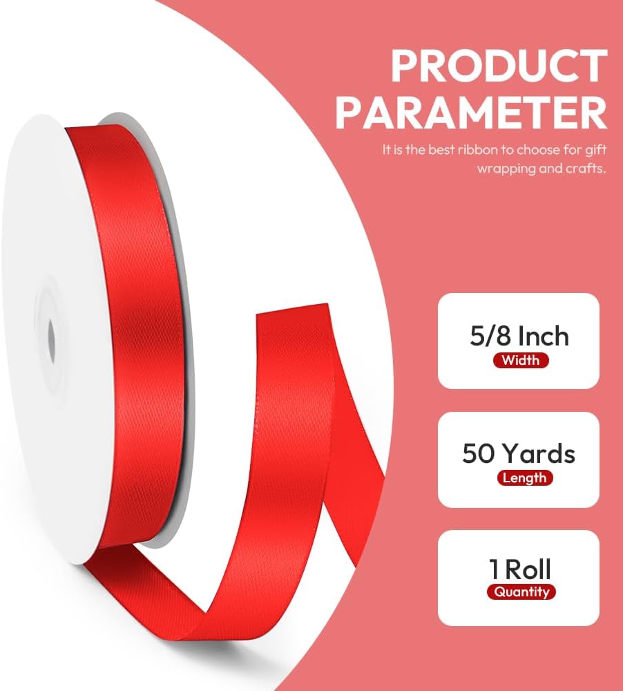 5/8" x 50 Yards Satin Ribbon - Red Silk Ribbon with Spool - Ideal for Gift Wrapping, Floral Bouquets, Crafts, Wedding Party Decorations, Christmas and Sewing Projects