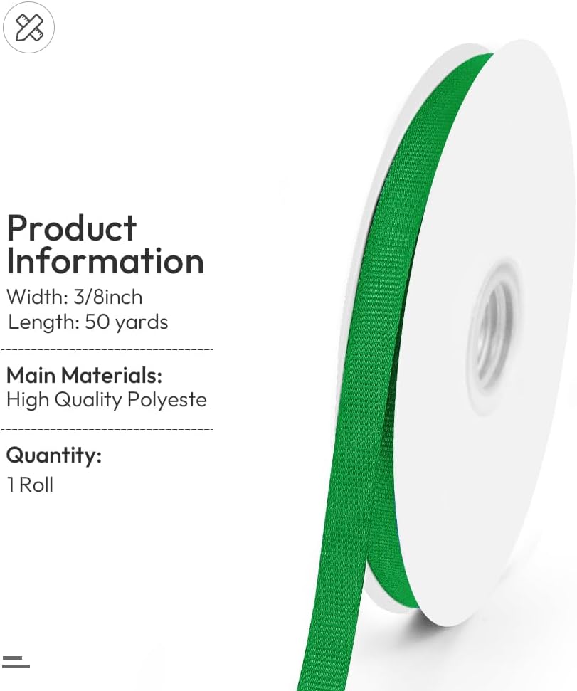 3/8" X 50 Yards Green Grosgrain Ribbon, Premium Grosgrain Ribbon for Sewing, Gift Wrapping, Bow Making, Wedding Decor, Wrapping and More (Green)