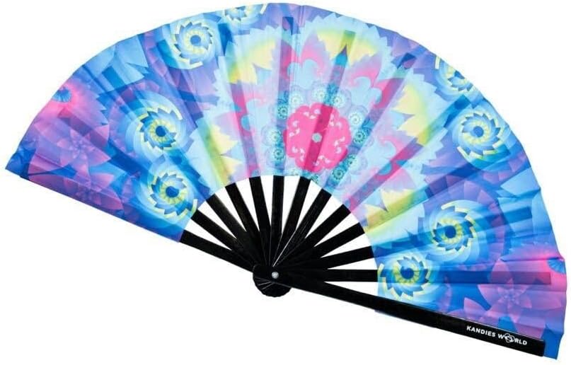 Kandies World UV Reactive Custom Festival Folding Hand Fan - Unique Designs, Made of Bamboo, Clacking Sound, Lightweight - Perfect Rave and Festival Accessory!