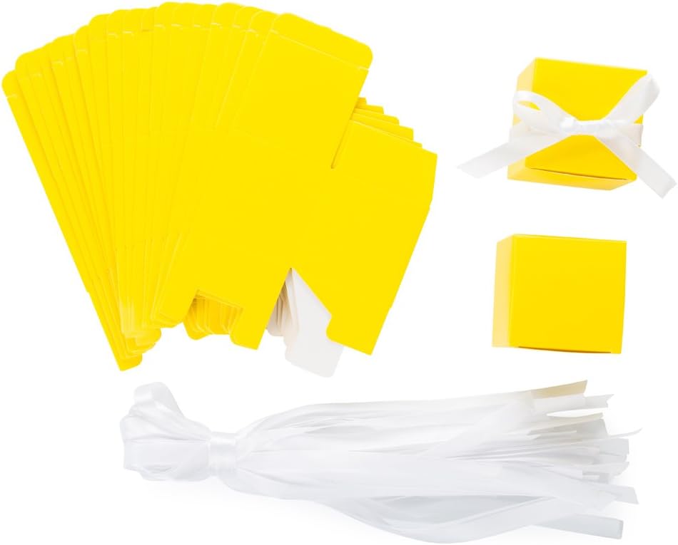 AWELL Yellow Gift Candy Box Bulk 2x2x2 inches with White Ribbon Party Favor Box,Pack of 50