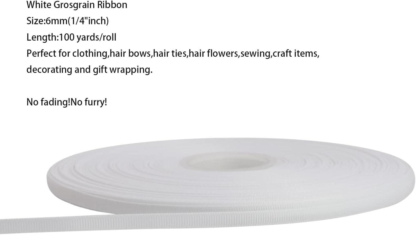 Jesep One Roll 100 Yards 1/4" Soild Grosgrain Ribbon Boutique Gift Wrapping Package Ribbon, DIY Crafts Bow Hair Headband Accessories Assorted Ribbon#29 (1/4" 6mm, White)