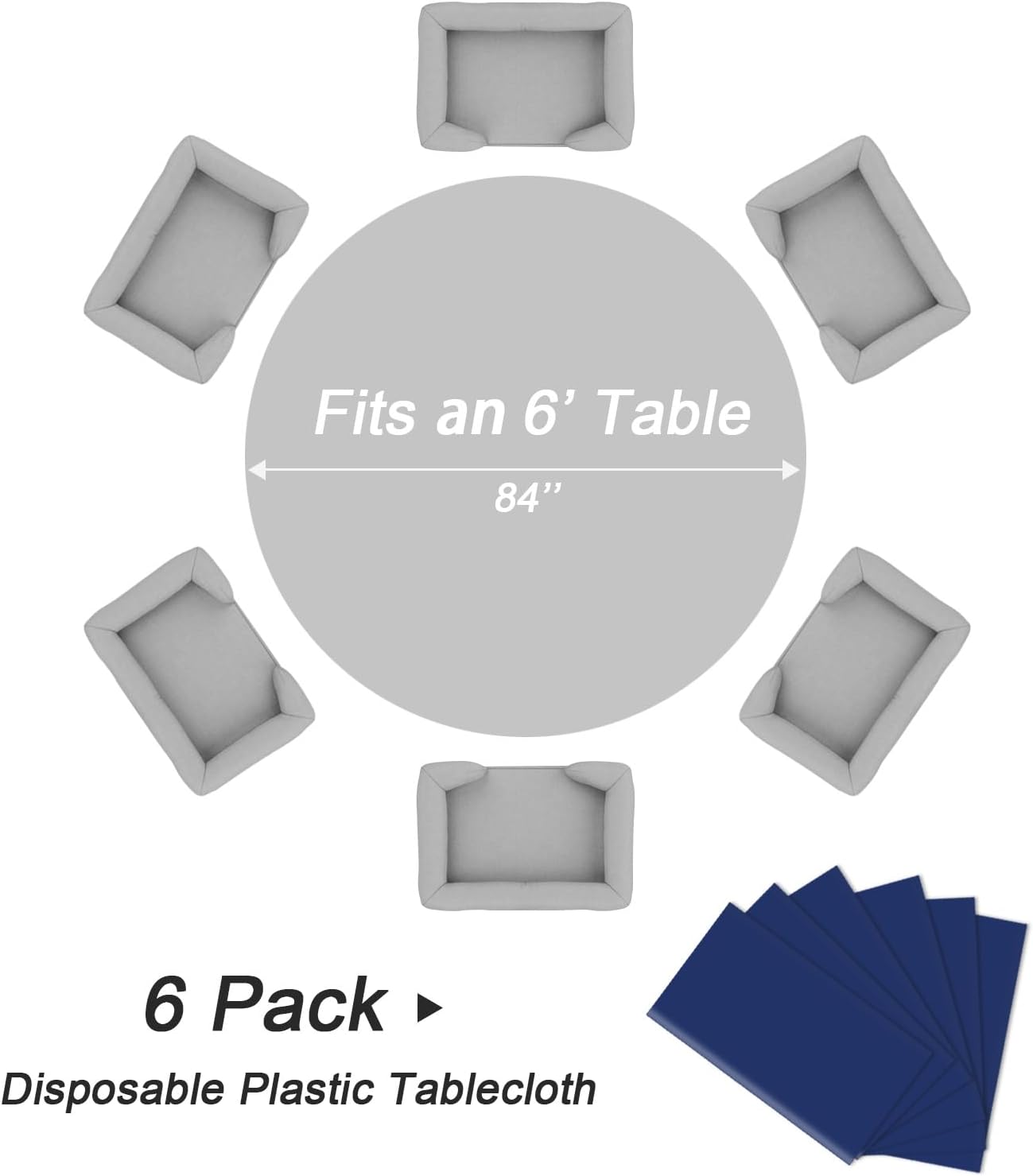 QIKSION Navy Blue Round Tablecloth 6 Pack, 84 Inch Plastic Table Cover Disposable for Parties