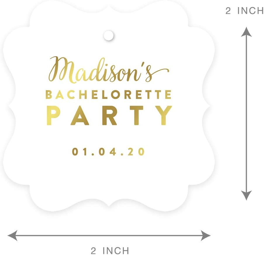 Andaz Press Personalized Fancy Frame Square Wedding Gift Tags, Metallic Gold Ink, Bachelorette Party, 24-Pack, Custom Made Any Name