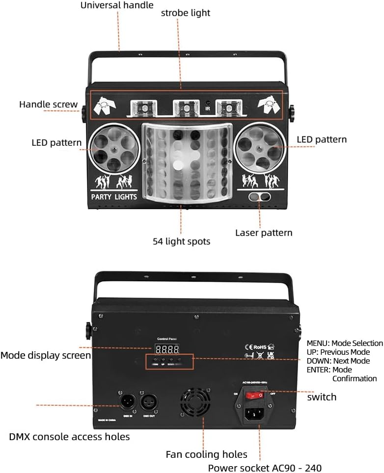 Party Lights DJ Disco Ball Light 5-in-1 Laser Strobe Projection Light DMX Control Sound Activation and Remote Control Live Performance Family Gathering, Club, bar, Karaoke, Birthday Holiday Carnival