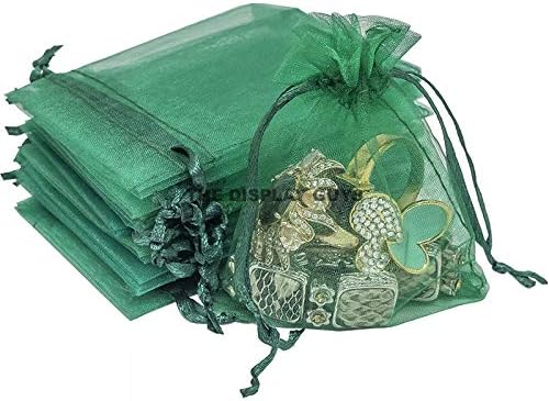 TheDisplayGuys 100-Pack 3x4 Dark Green Sheer Organza Gift Bags with Drawstring, Jewelry Candy Treat Wedding Party Favors Mesh Pouch