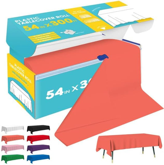 Orange Plastic Table Cover Roll - 54IN x 300FT, Table Cloth for Rectangle Table with Slide Cutter, Plastic Table Cloth Disposable with Cut-to-Size Design for Weddings, Banquets, Parties
