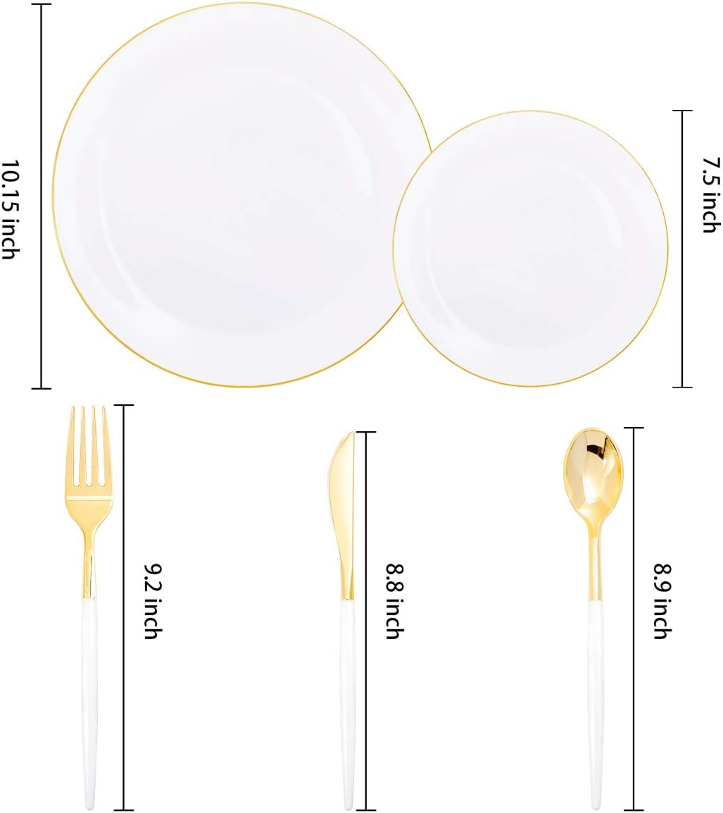 Supernal 150pcs White and Gold Plastic Plates,Gold Plastic Silverware,White Dinnerware Set Includes 60 Plates,30 Forks,30 Knives,30 Spoons For Weddings Celebrations