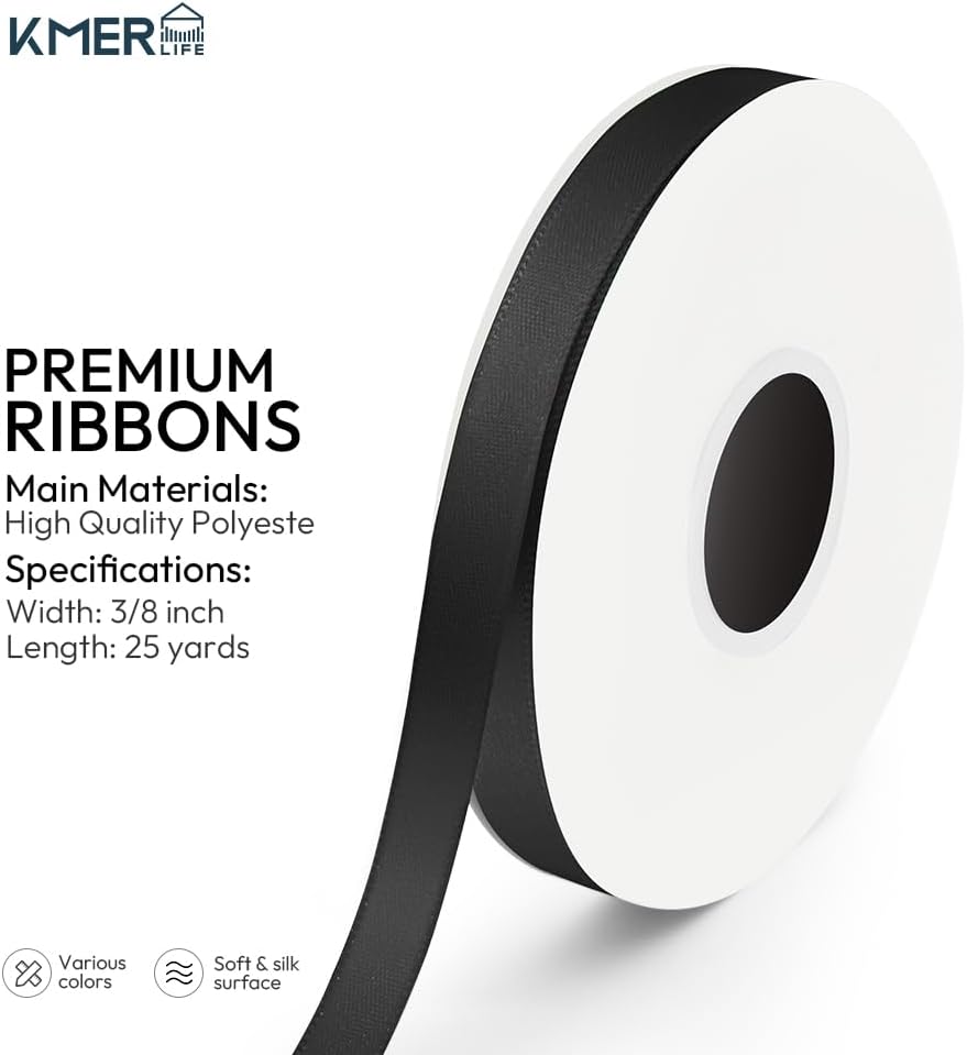 KMER LIFE 3/8 inch x 25 Yards Double Faced Polyester Black Satin Ribbon, Perfect for Gift Wrapping Very Suitable for Weddings Party Hair Bow Invitation Decorations and More
