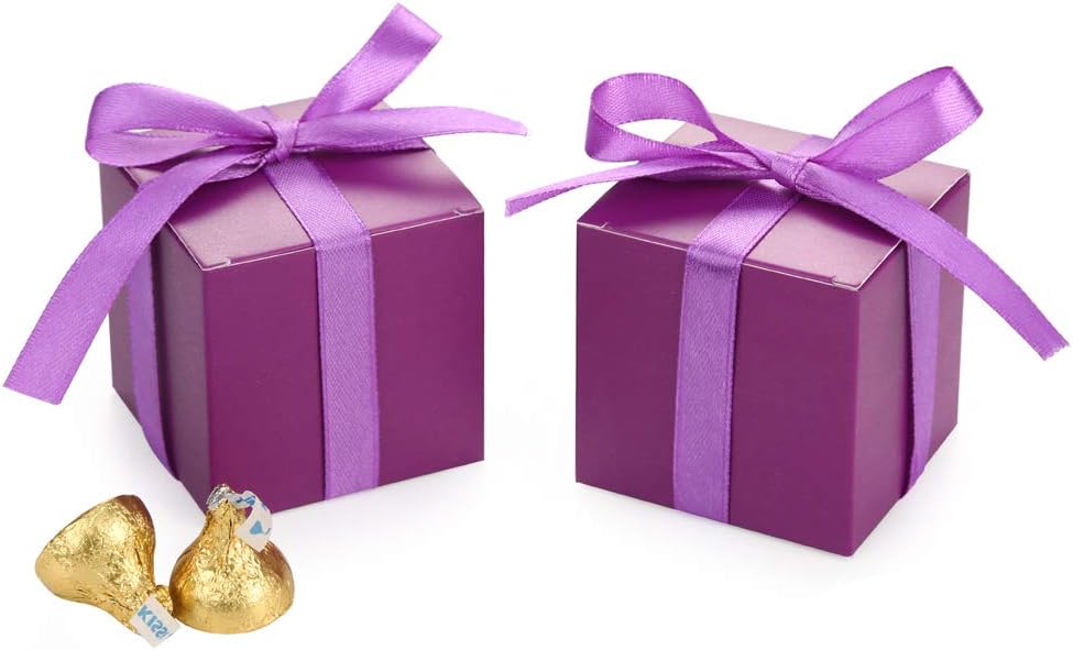 AWELL Purple Gift Candy Box Bulk 2x2x2 inches with Purple Ribbon Party Favor Box,Pack of 50