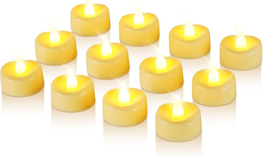 Raycare 24 Pack LED Tea Lights Battery Operated, 200+Hour Flickering Votive Candles, Realistic Fake Flameless TeaLights for Wedding Party Halloween Thanksgiving Christmas Decorations,Ivory Base