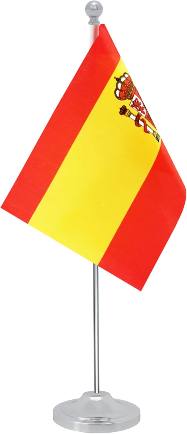 Spain Desk Flag, Spanish Table Office Flag with Metal Pole and Stand Base, International Country Flags, Festival Event Celebration, Classroom Meeting Desktop Decor (Spain)
