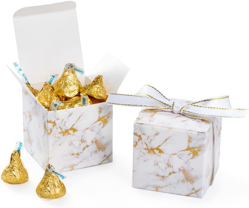 AWELL Small Marble White Gift Candy Box Bulk 2x2x2 inches with Ribbon Party Favor Box,Gold and White Marble,Pack of 50
