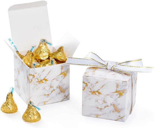 AWELL Small Marble White Gift Candy Box Bulk 2x2x2 inches with Ribbon Party Favor Box,Gold and White Marble,Pack of 50